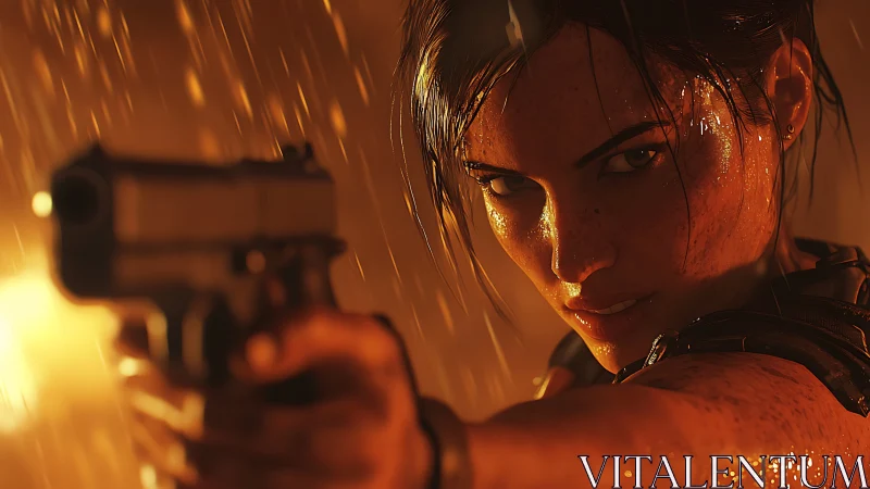 Fierce action heroine aims pistol through glowing rainstorm.
