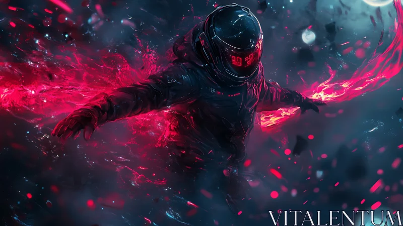 Starlit drifter rides a neon crimson current through void