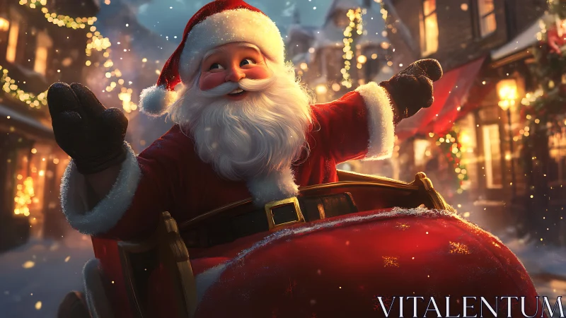 Jolly Santa gliding through a glowing snowy village street.