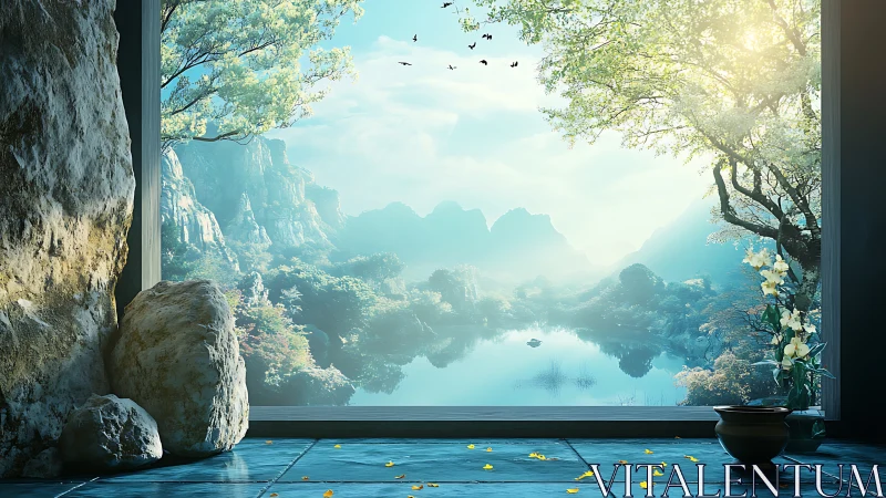 Sunlit mountain lake view from a calm stone doorway.