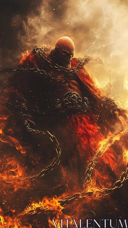 Armored infernal warden emerges amid chained fire vortex