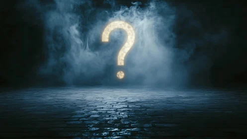 Glowing question mark drifting through mysterious blue mist.