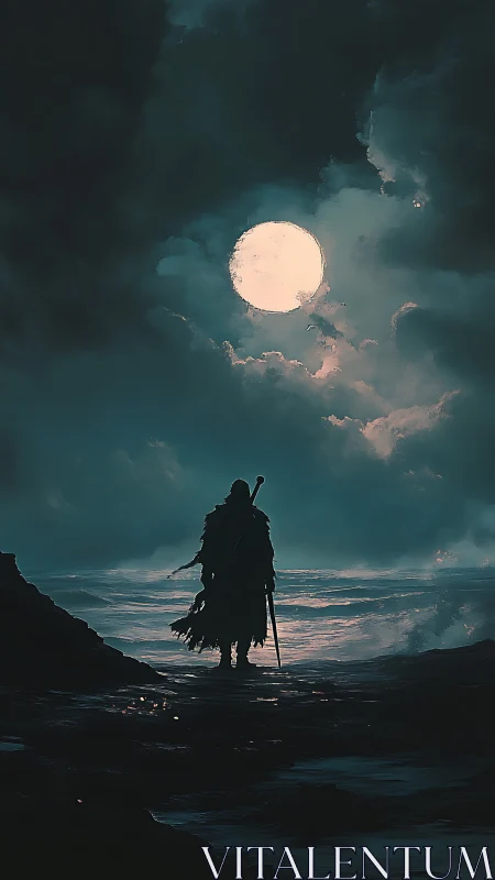 Lone cloaked wanderer walks a stormy shore beneath full moon