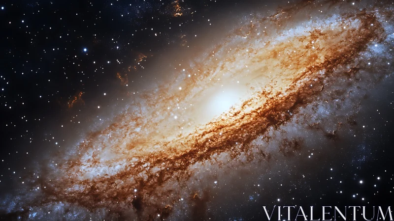 Spiral galaxy core blazing with copper dust lanes in space.