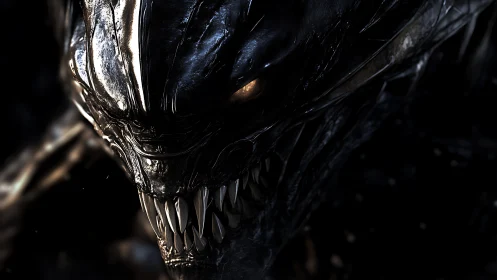 Ferocious alien monster close-up with sharp metal teeth.