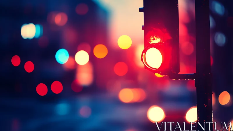 Red traffic signal glows over blurred city street bokeh
