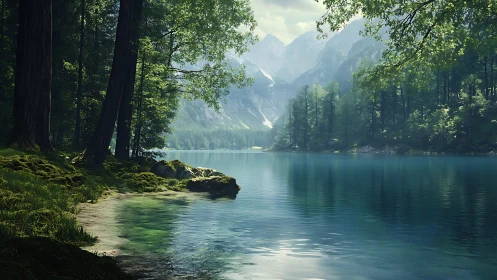 Forest lake panorama beneath distant mountain peaks.