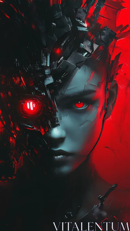 Red eclipse cyborg muse in shrapnel-lit neon dusk.