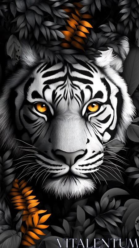 Moonlit white tiger studies the jungle through amber eyes