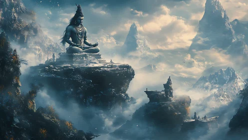 Large meditative statue on isolated rock amid clouded peaks.