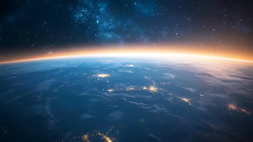 Curved Earth horizon with city lights beneath star field