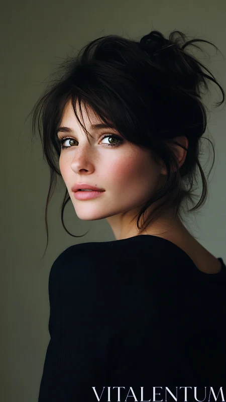 Young woman glances over shoulder under soft studio light
