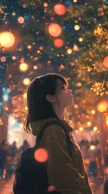 Soft city lights surround a thoughtful girl under glowing night