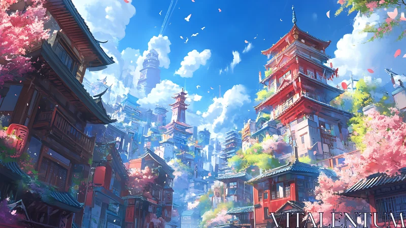 Layered hillside city with pagoda towers under clear sky.