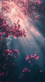Sunbeams filter through dreamy pink forest canopy in mist