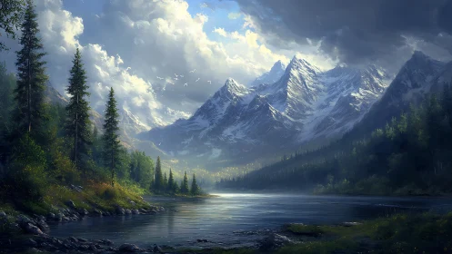 Snowcapped mountain range above calm forest lake at dusk.