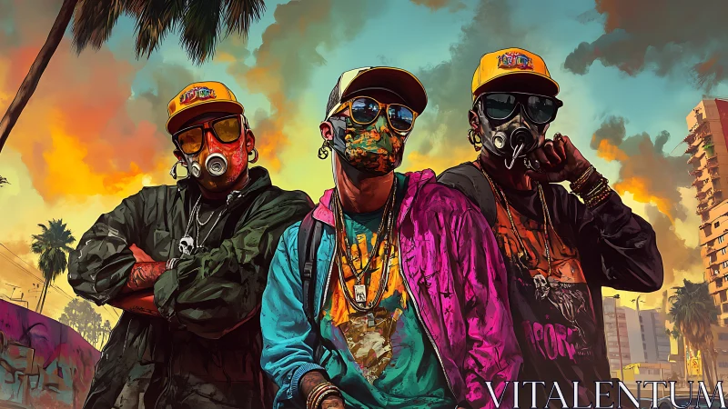 Streetwise trio stands bold in neon urban sunset energy