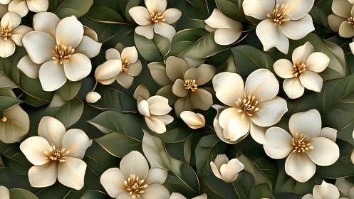 Cream and gold flowers with deep green foliage in digital composition.