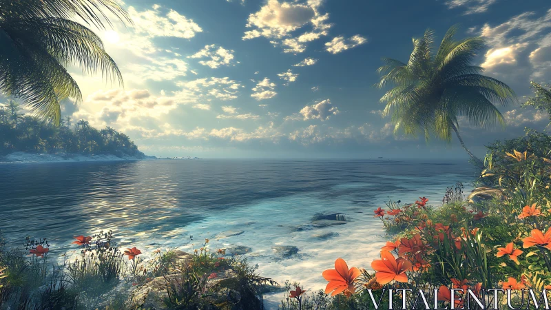 Tropical Paradise Beach with Palm Trees and Vibrant Orange Flowers