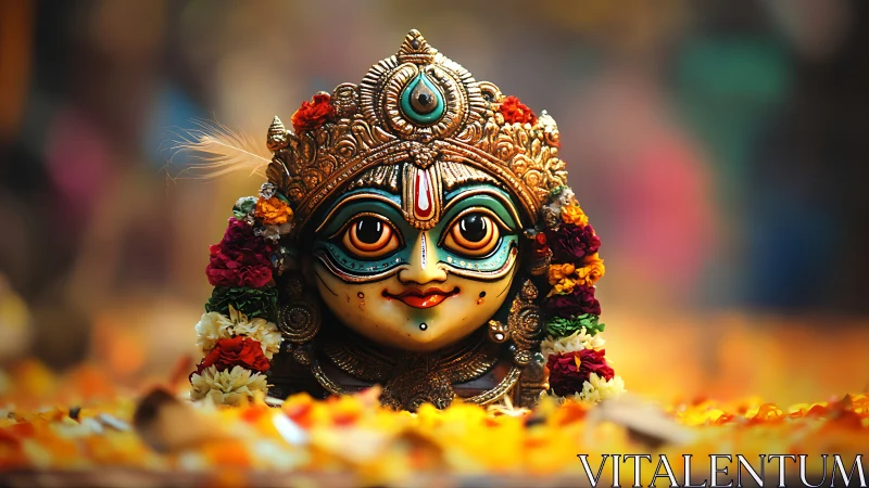 Decorative goddess mask rests on marigold petals in bokeh light