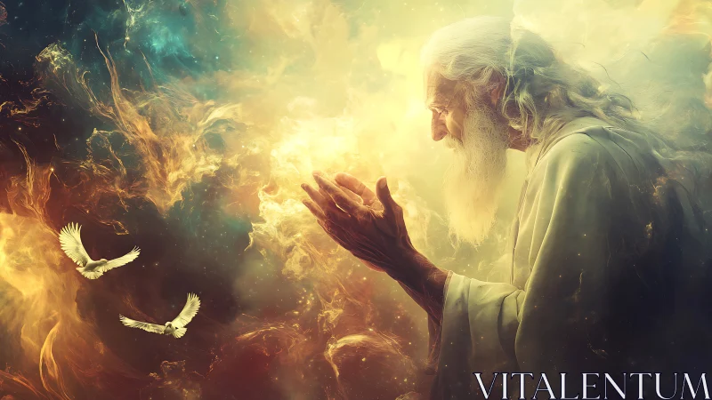 Cosmic elder whispering light into a swirling starborn dawn.