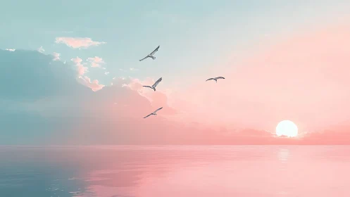 Seagulls glide above pastel ocean under low setting sun