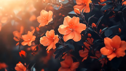 Sunlit orange blossoms in moody teal garden glow.