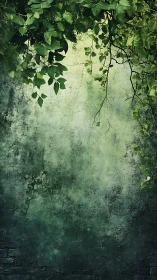 Weathered green wall framed by overhanging leafy vines.