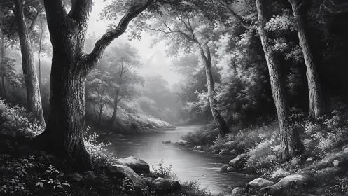 Monochrome forest river whispers through a mistlit valley.