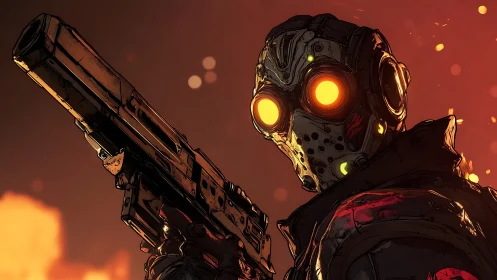 Armored gunfighter with glowing visor stalks burning skyline.