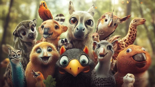 Joyful forest creatures crowd in stylized group portrait.