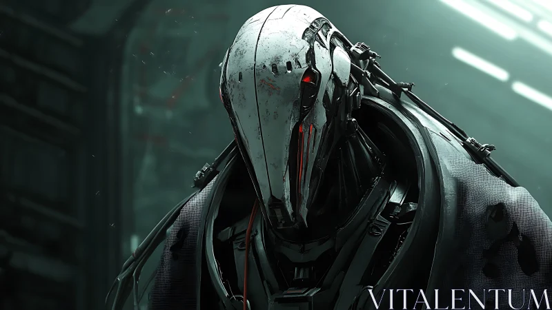 Humanoid robotic figure stands in dim, industrial environment