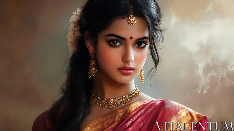 Digital portrait renders South Asian woman in ornate silk sari