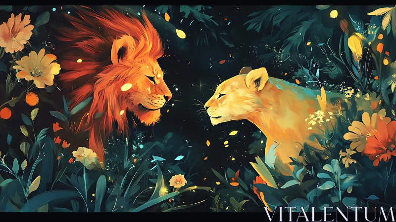 Lion pair in floral landscape with dark background.
