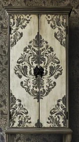 Vintage damask cabinet with moody, textured wallpaper backdrop.
