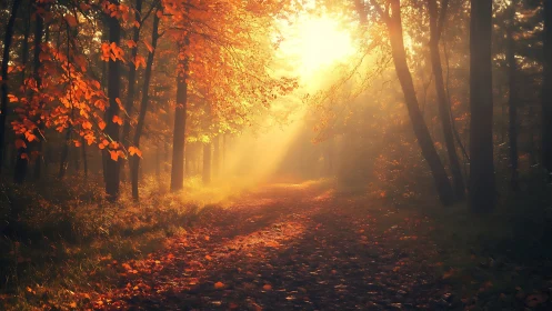 Sunlit autumn forest path melts into a glowing golden haze