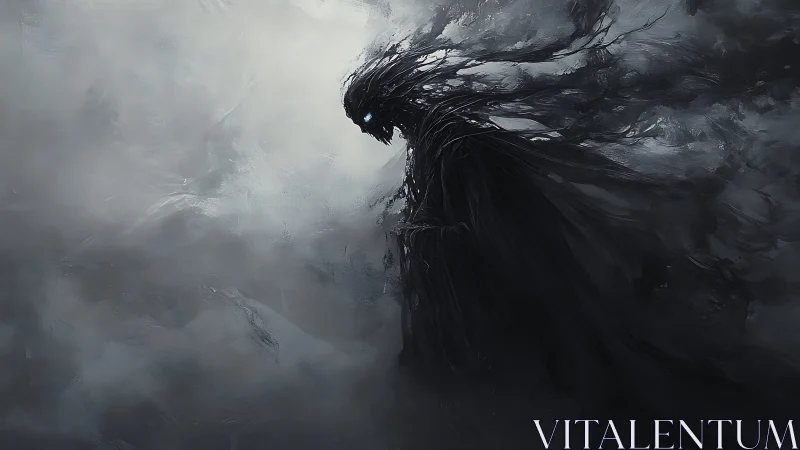 Ethereal shadow wraith in monochrome storm haze environment