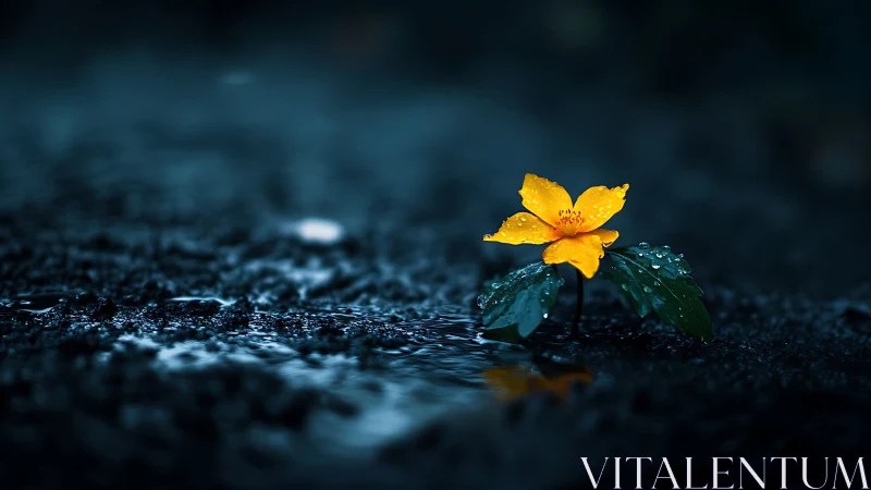 Single yellow flower in dark wet ground with raindrops.
