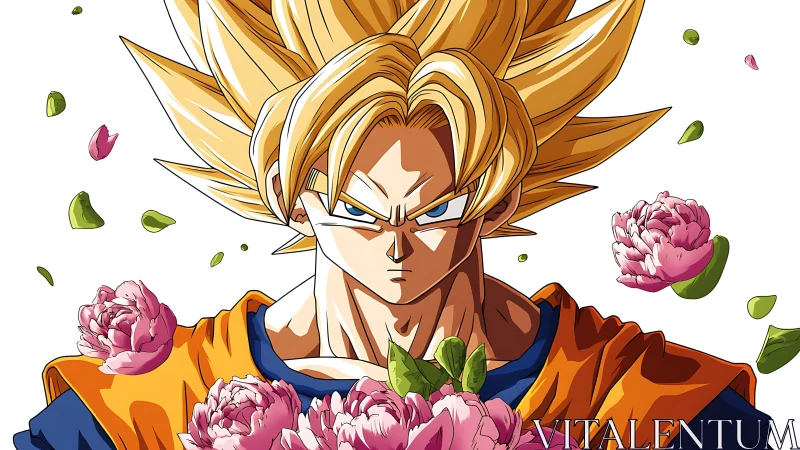 Blazing warrior hair crowns a storm of gentle pink blooms