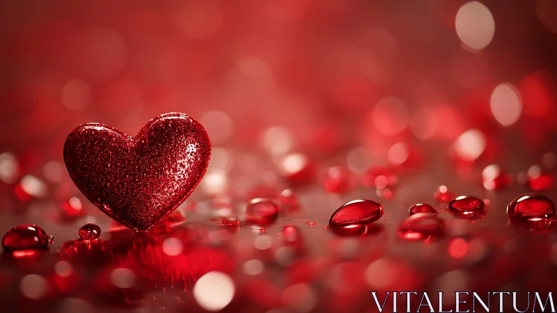 Crystalline red heart among glowing bokeh droplets