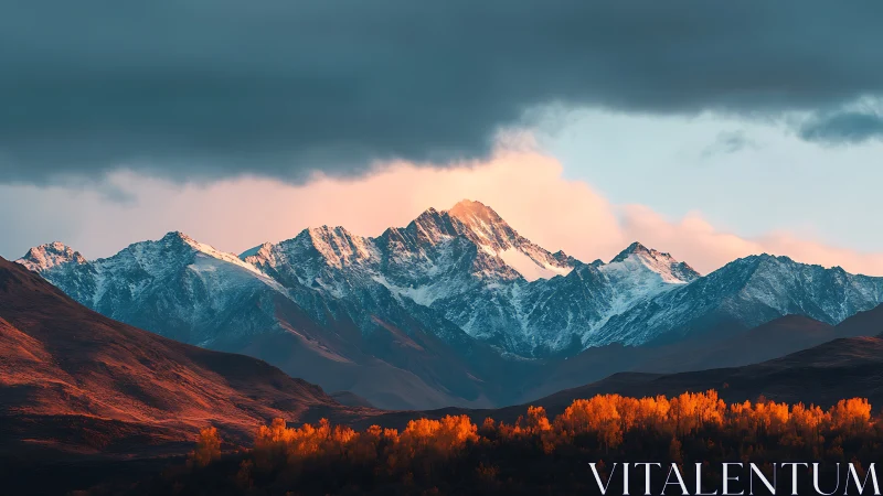 Alpenglow-illuminated alpine massif with storm-framed skyline.