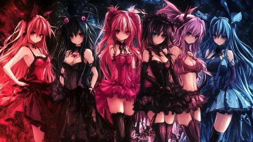Gothic anime girls aligned in red and blue spectral contrast.