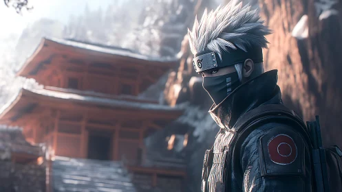 Masked silver-haired ninja before snow-covered wooden temple.