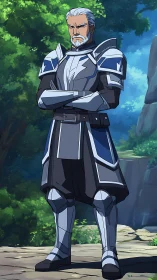 Seasoned silver knight standing guard in sunlit forest.