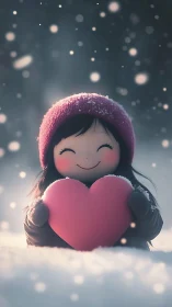 Animated Character Holding Pink Heart in Snow with Bokeh Lighting