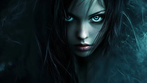 Mystical woman stares forward with glowing cyan eyes