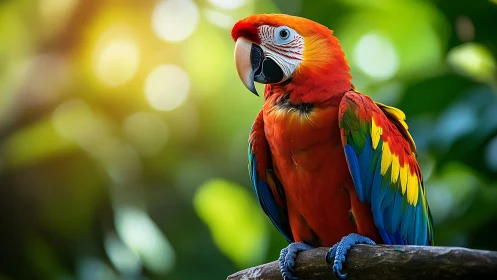Vibrant Scarlet Macaw in Lush Green Forest, Nature Photography.