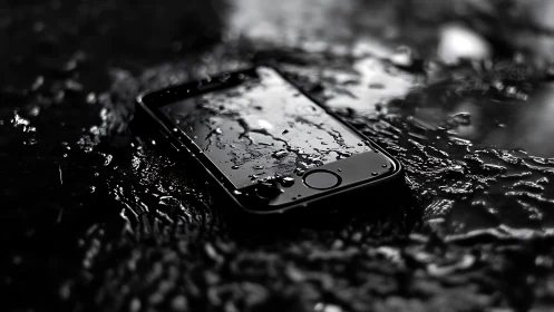 Wet smartphone in high-contrast monochrome surface study.