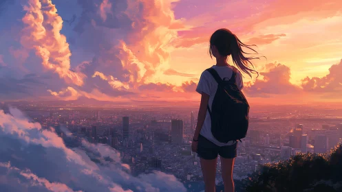 Girl with backpack watching a glowing city sunset sky.