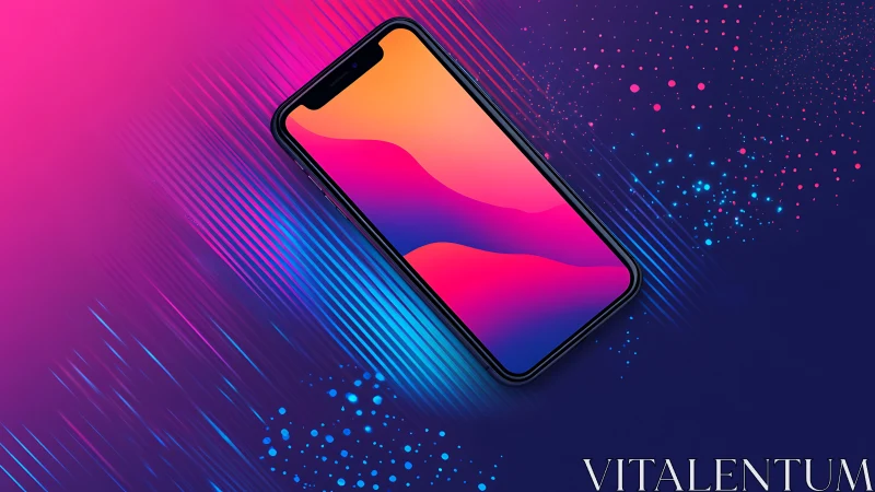 Smartphone with gradient screen on abstract neon background.